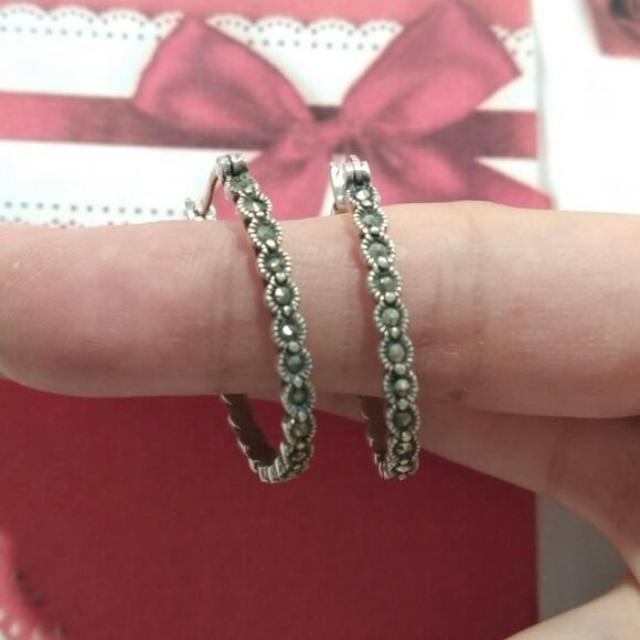 925 Sterling Silver Hoop Huggie Earrings Round Marcasites Signed A Jewelry Lot - Picture 4 of 14